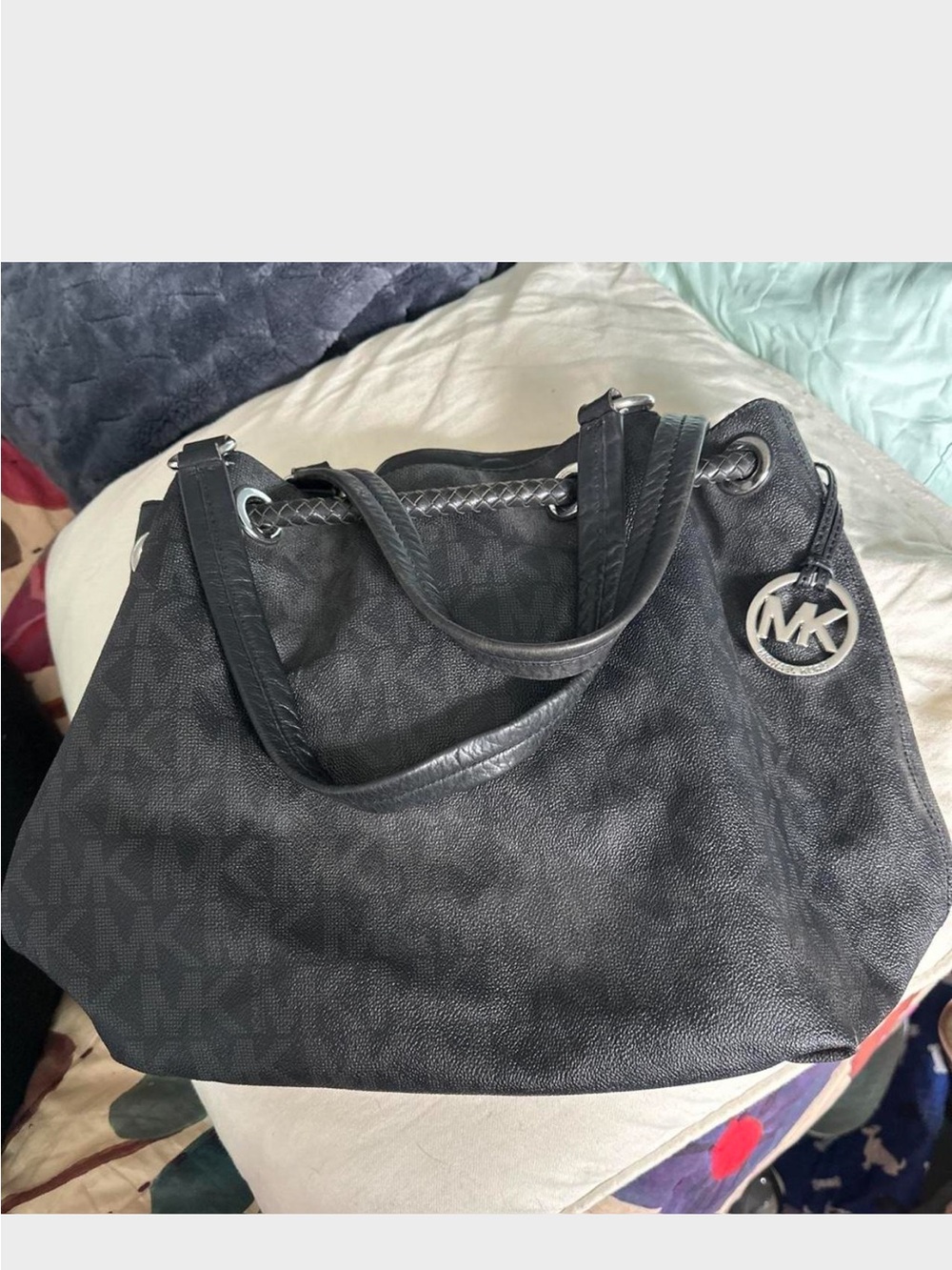 Michael Kors Black Logo Shoulder Tote with MK Charm